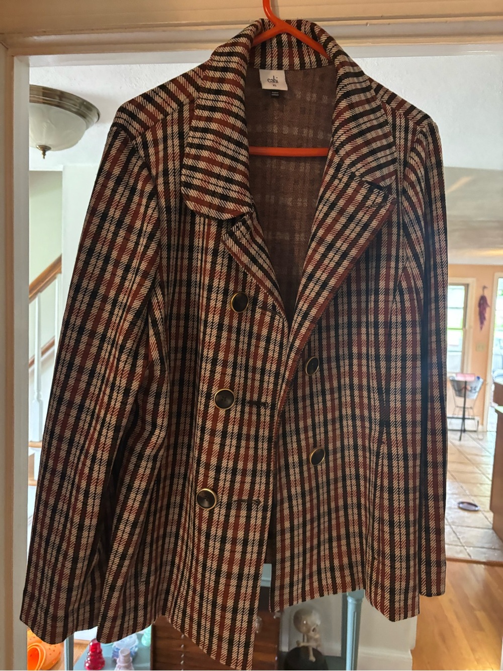 CAbi Women's Plaid Double-Breasted Peacoat in Brown and Cream